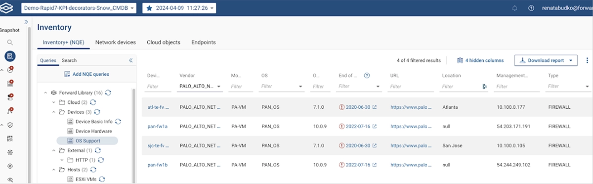 Forward Networks Inventory query page